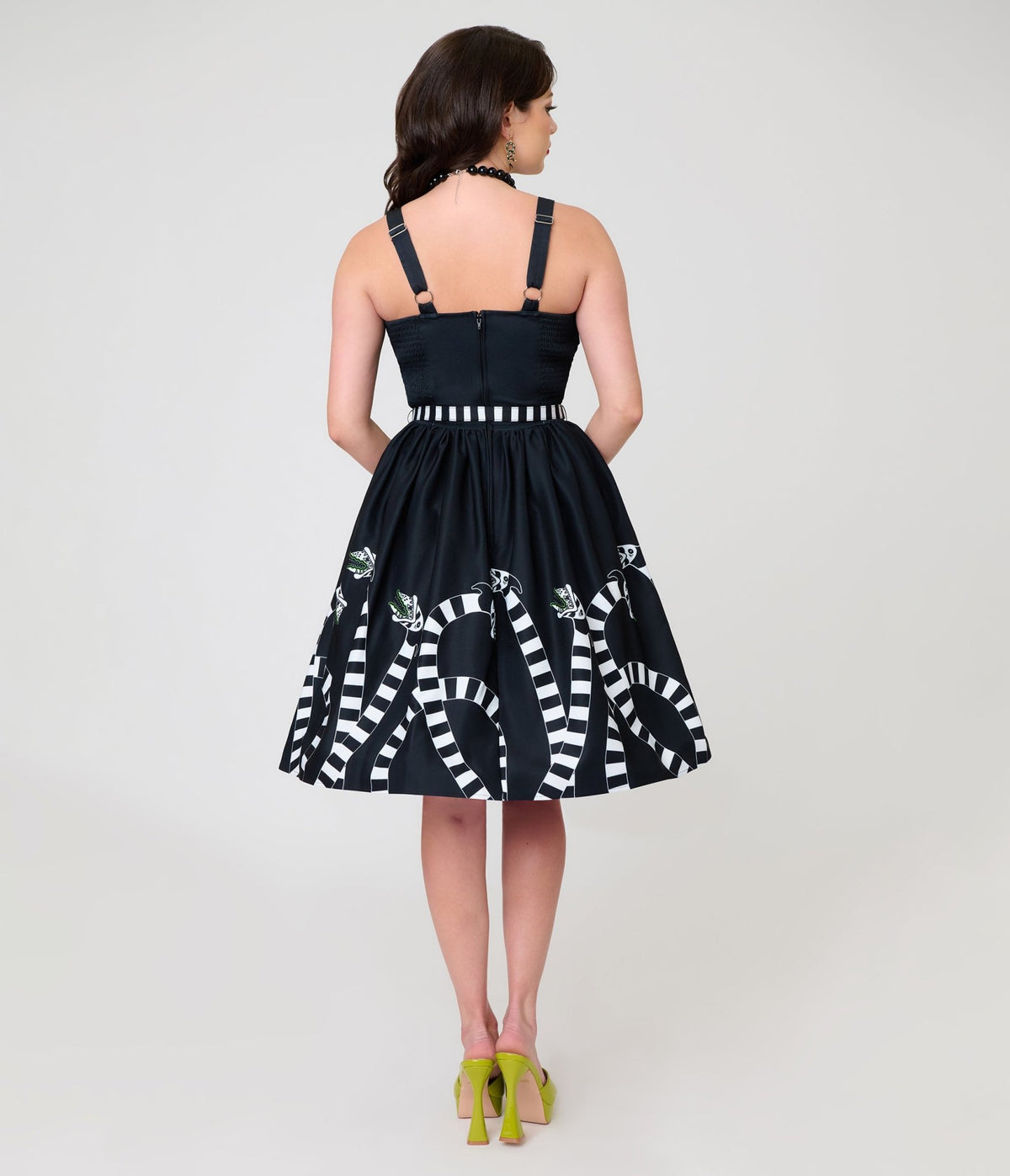 Beetlejuice x Unique Vintage Black Sandworm Border Rachel Swing Dress - Unique Vintage - Swing Dresses