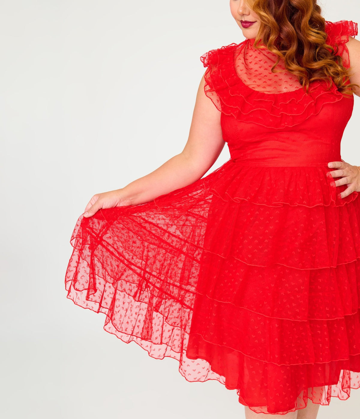 Beetlejuice x Unique Vintage Plus Size Red Mesh Tiered Lydia Swing Dress - Unique Vintage - Swing Dresses