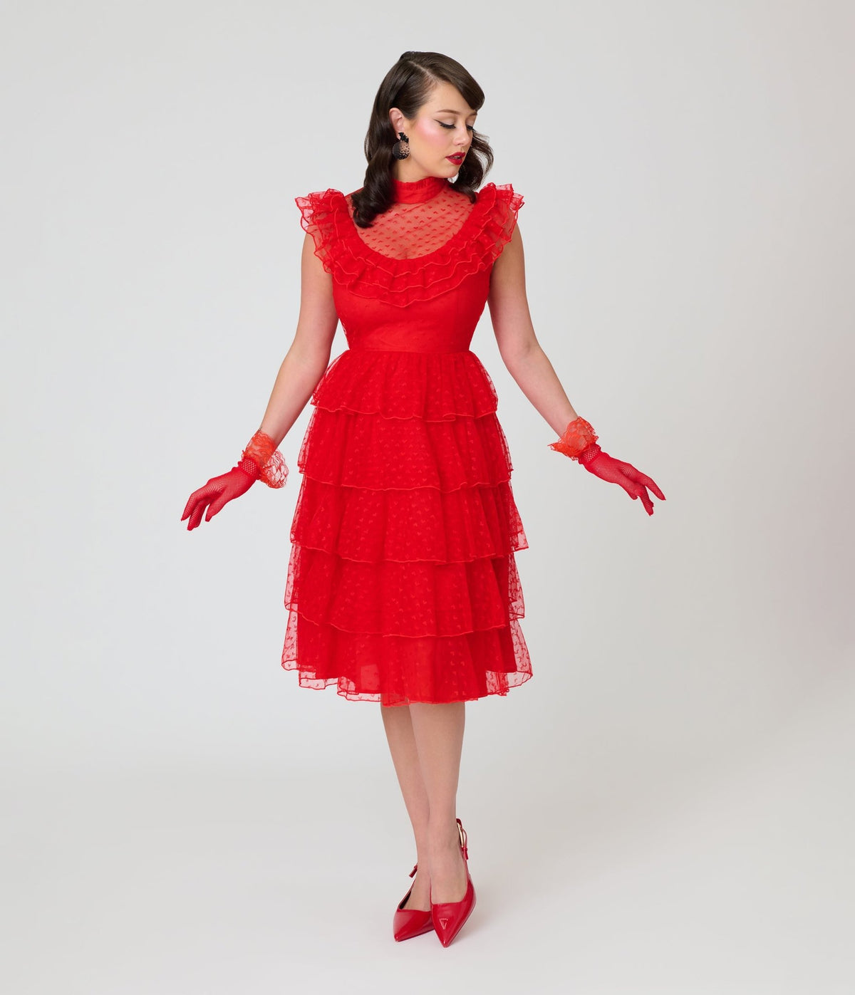 Beetlejuice x Unique Vintage Red Mesh Tiered Lydia Swing Dress - Unique Vintage - Swing Dresses