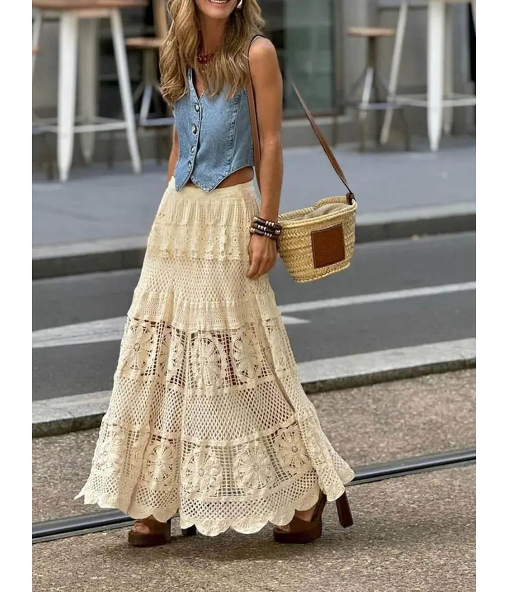 Beige Crochet Bohemian Maxi Skirt - Unique Vintage - Womens, BOTTOMS, SKIRTS