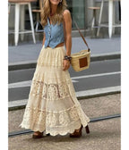 Beige Crochet Bohemian Maxi Skirt - Unique Vintage - Womens, BOTTOMS, SKIRTS
