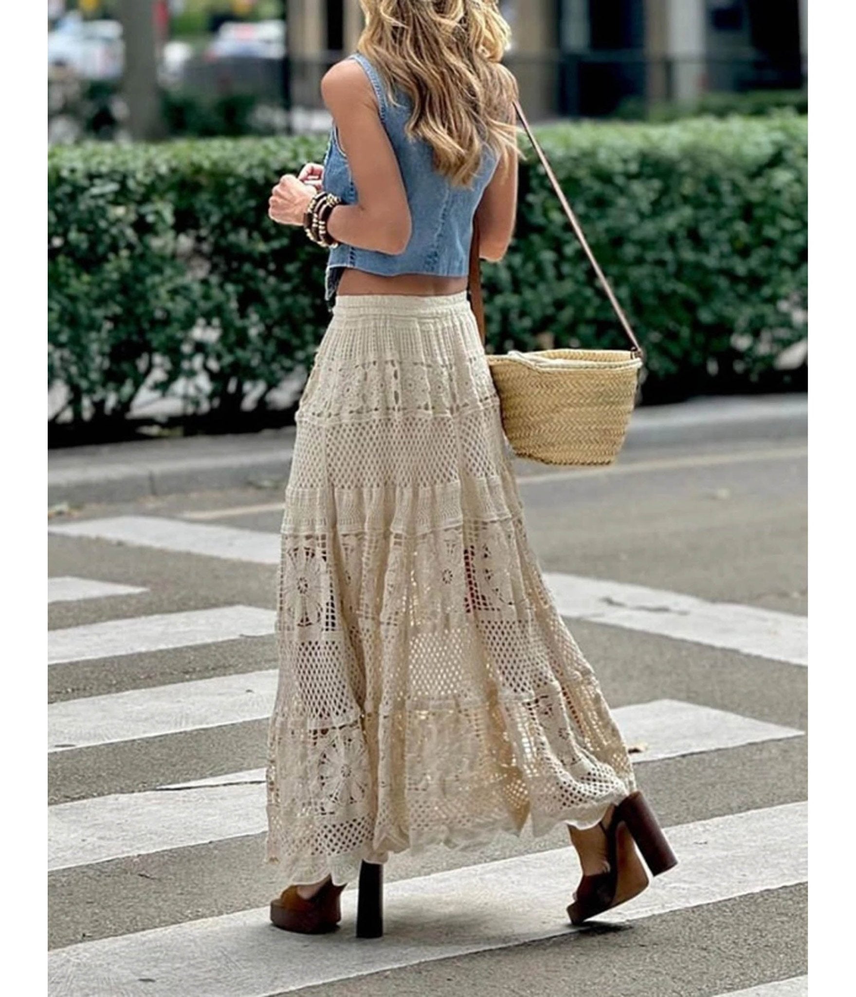 Beige Crochet Bohemian Maxi Skirt - Unique Vintage - Womens, BOTTOMS, SKIRTS