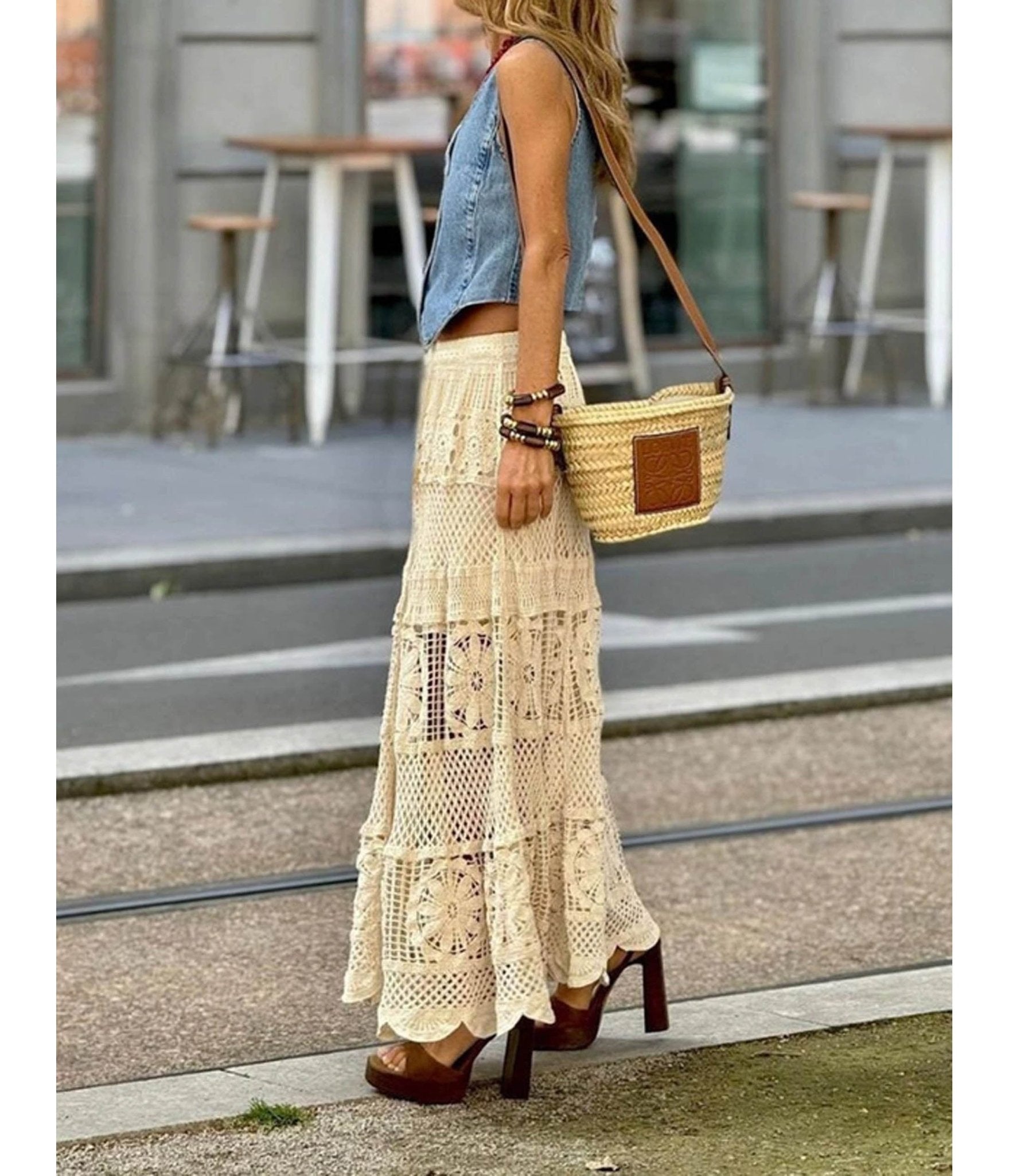 Beige Crochet Bohemian Maxi Skirt - Unique Vintage - Womens, BOTTOMS, SKIRTS