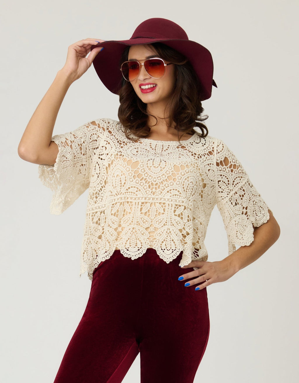 Beige Crochet Top - Unique Vintage - Womens, TOPS, WOVEN TOPS