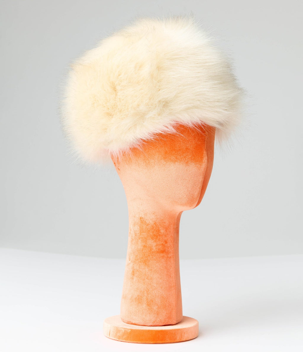 Beige Faux Fur Hat - Unique Vintage - Womens, ACCESSORIES, HATS