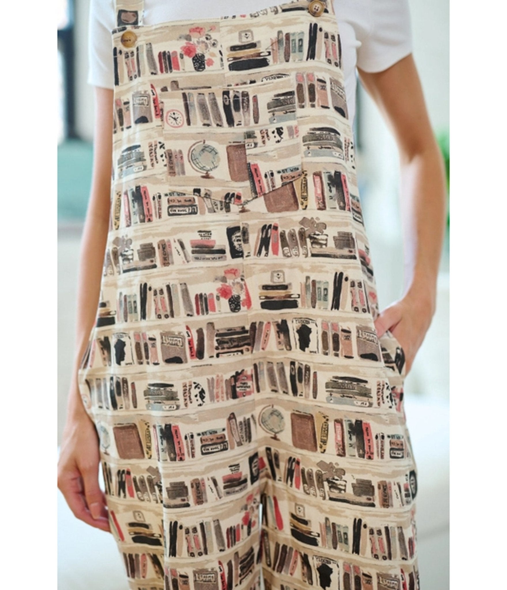 Beige Library Print Overalls - Unique Vintage - Womens, BOTTOMS, ROMPERS AND JUMPSUITS