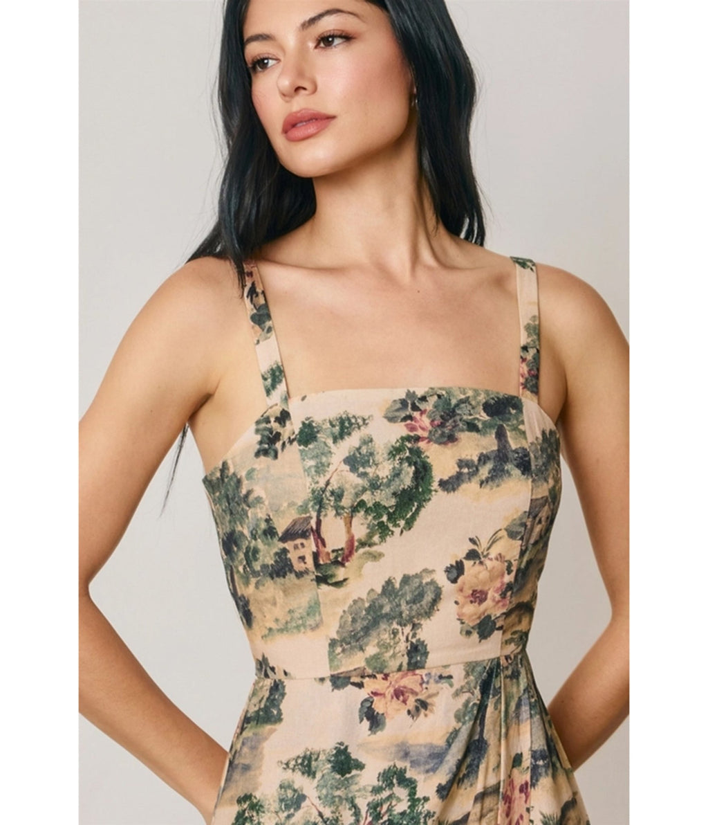 Beige Scenic Floral Print Mini Dress - Unique Vintage - Womens, DRESSES, A-LINE