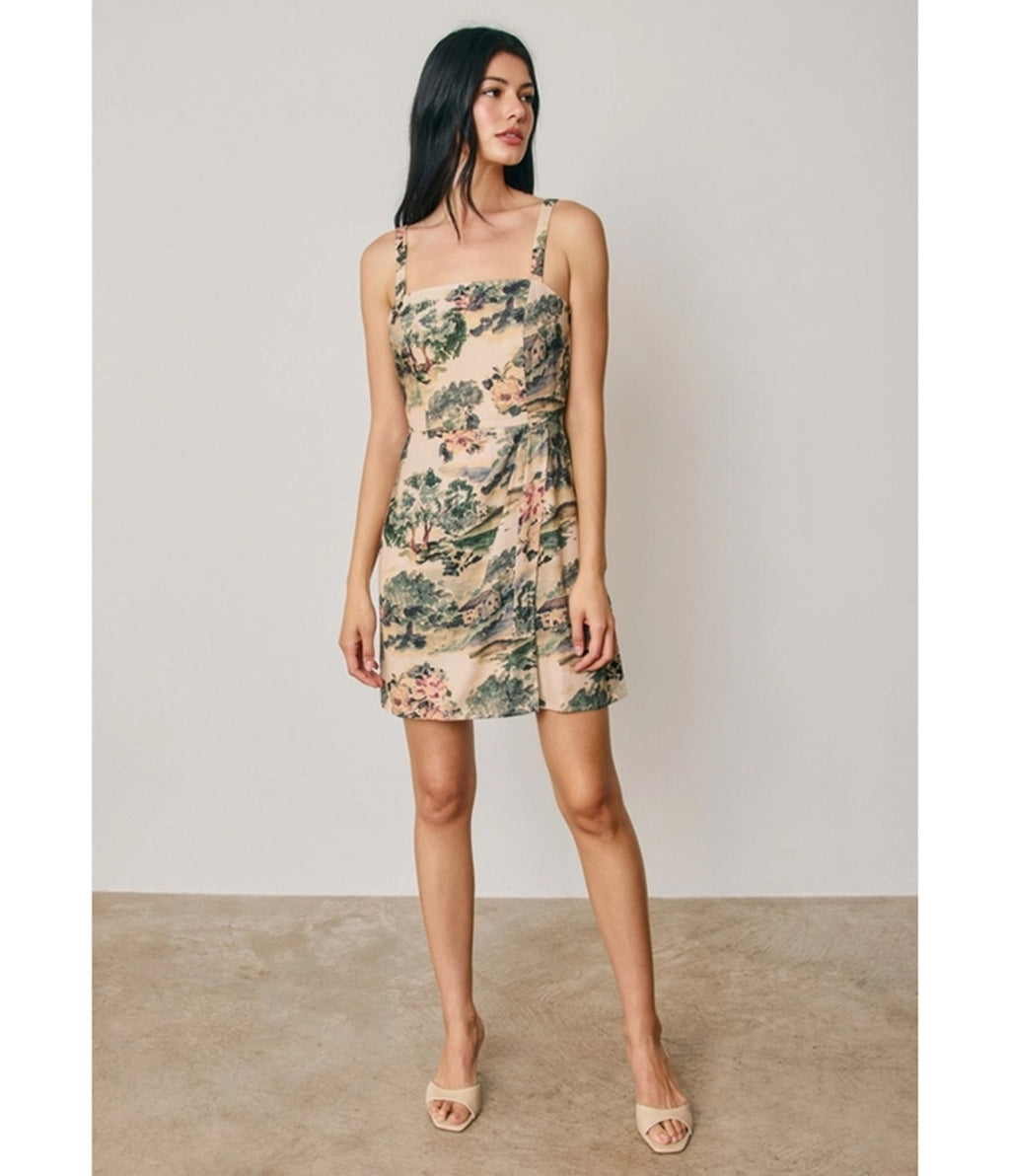 Beige Scenic Floral Print Mini Dress - Unique Vintage - Womens, DRESSES, A-LINE