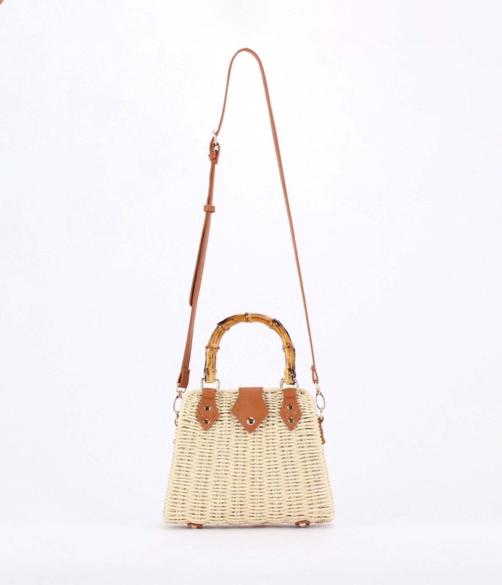 Beige Straw Beach Handbag - Unique Vintage - 