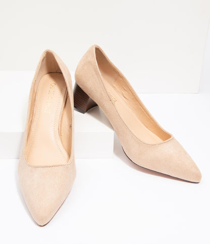 Beige Suede Pointed Toe Stacked Heels - Unique Vintage - Womens, SHOES, HEELS