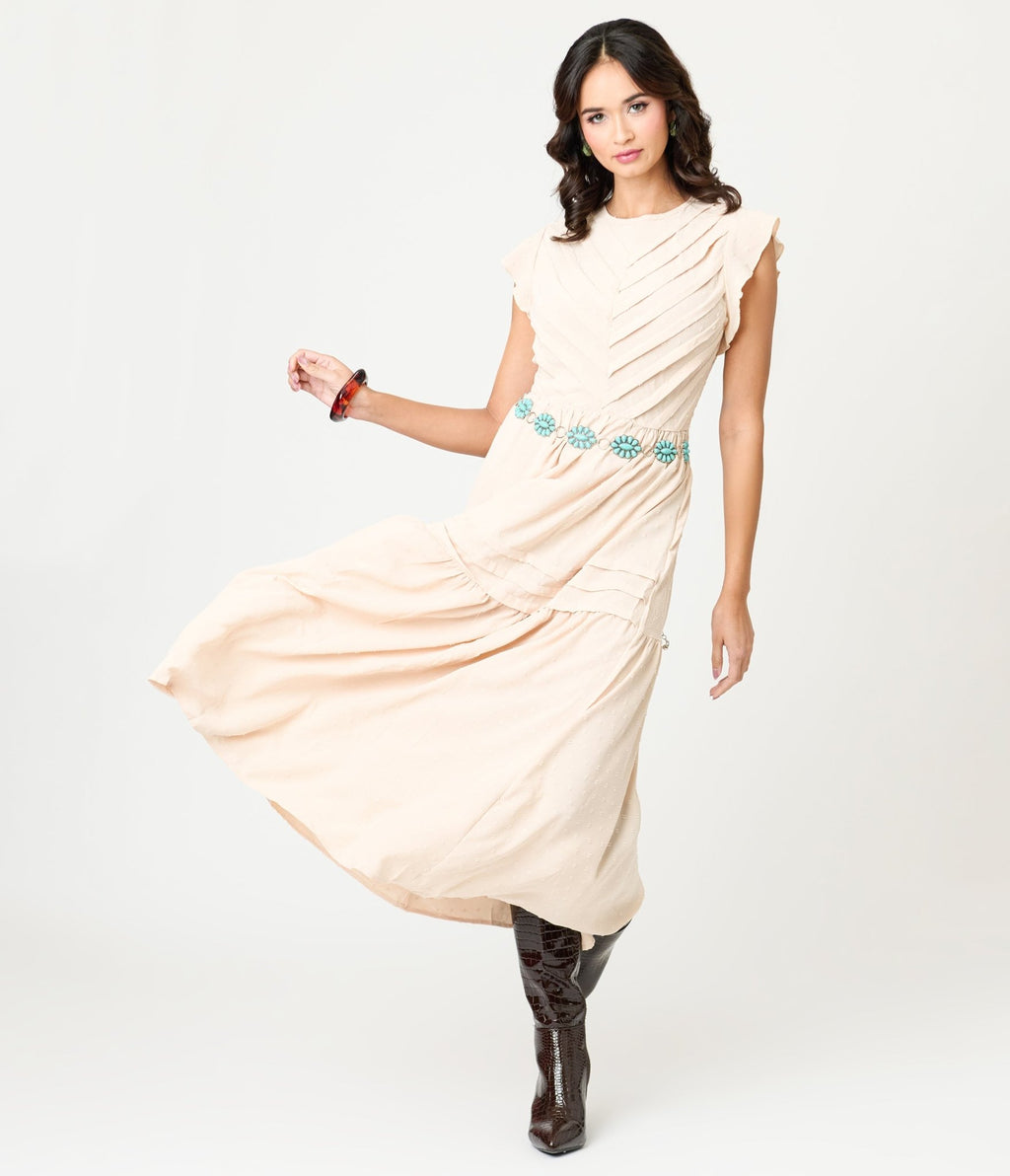 Beige Swiss Dot Willow Maxi Dress - Unique Vintage - Womens, DRESSES, MAXI