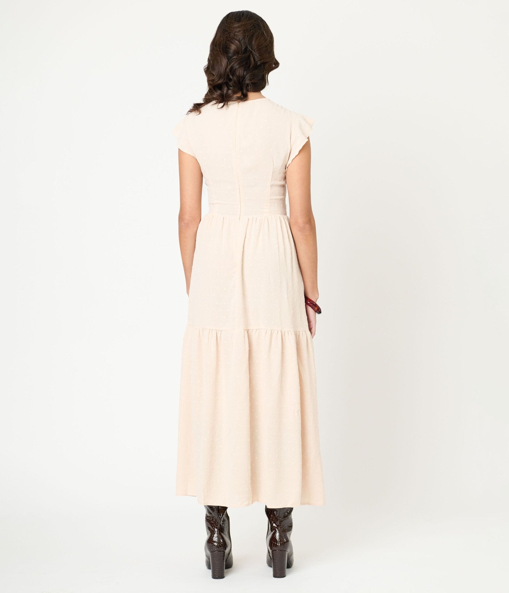 Beige Swiss Dot Willow Maxi Dress - Unique Vintage - Womens, DRESSES, MAXI