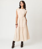 Beige Swiss Dot Willow Maxi Dress - Unique Vintage - Womens, DRESSES, MAXI