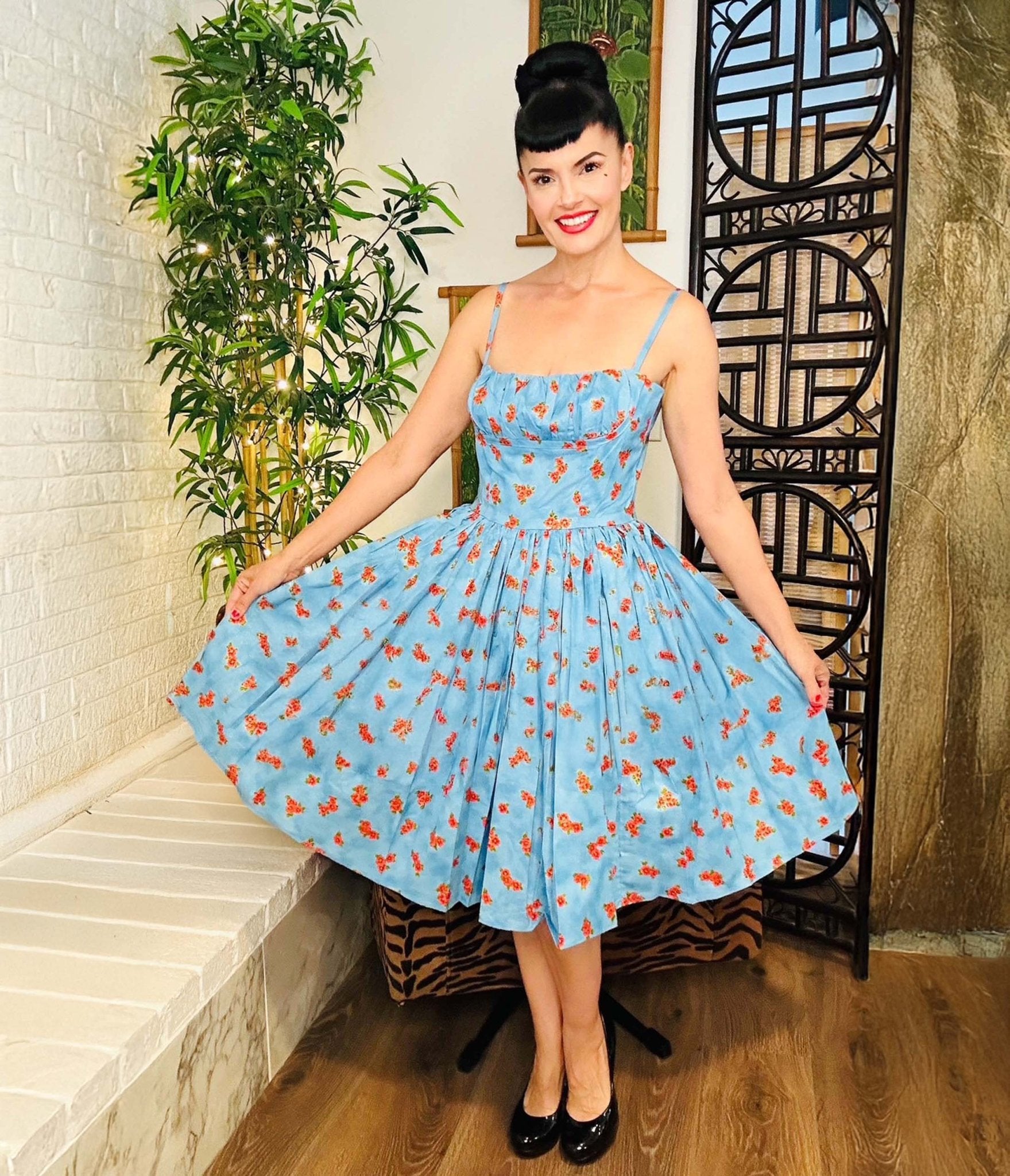 Bernie Dexter Blue & Red Apple Blossom Print Swing Dress - Unique Vintage - Womens, DRESSES, SWING