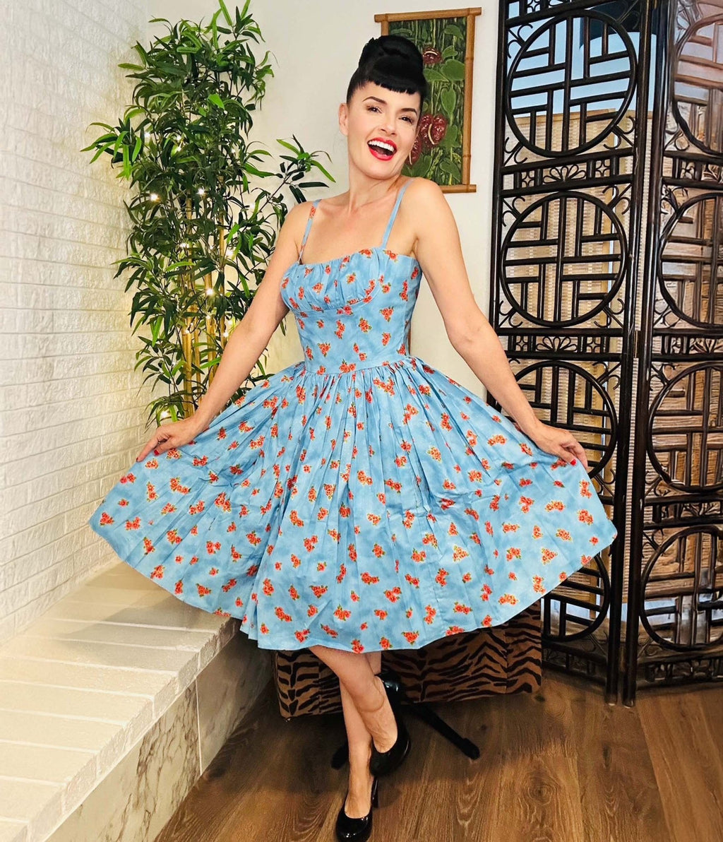 Bernie Dexter Blue & Red Apple Blossom Print Swing Dress - Unique Vintage - Womens, DRESSES, SWING