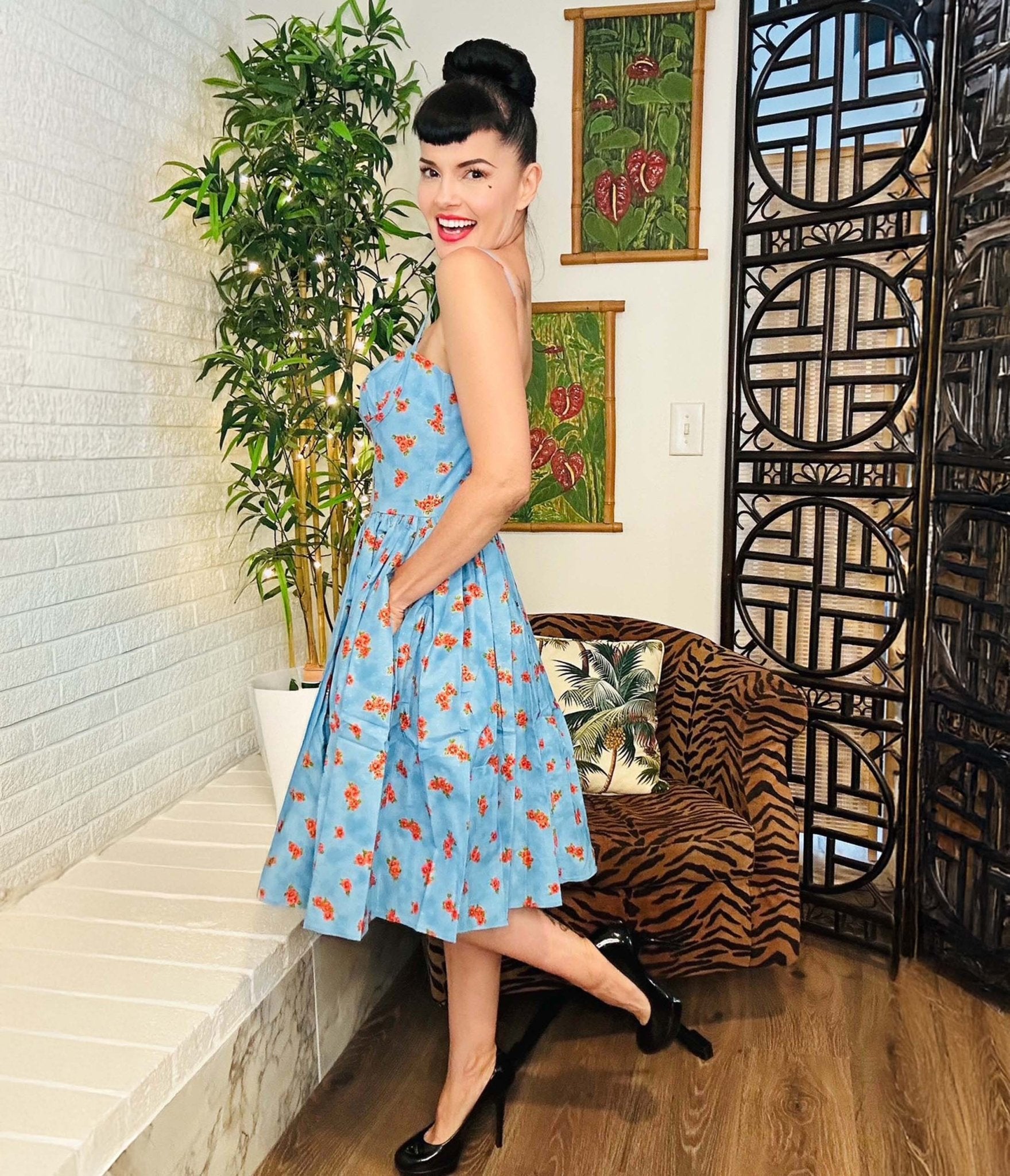 Bernie Dexter Blue & Red Apple Blossom Print Swing Dress - Unique Vintage - Womens, DRESSES, SWING