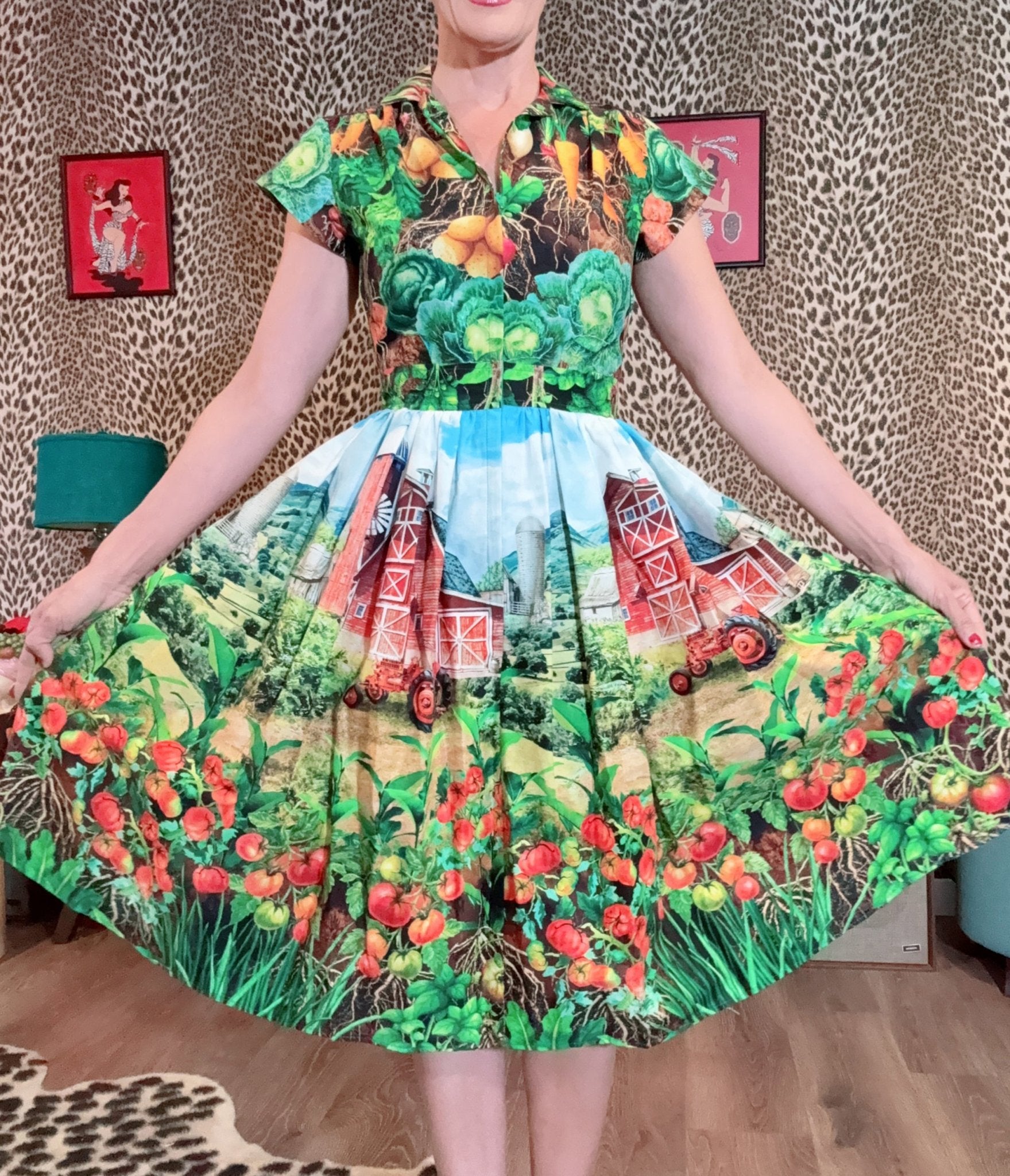 Bernie Dexter Multicolor Farm Harvest Print Swing Dress - Unique Vintage - Womens, DRESSES, FIT AND FLARE