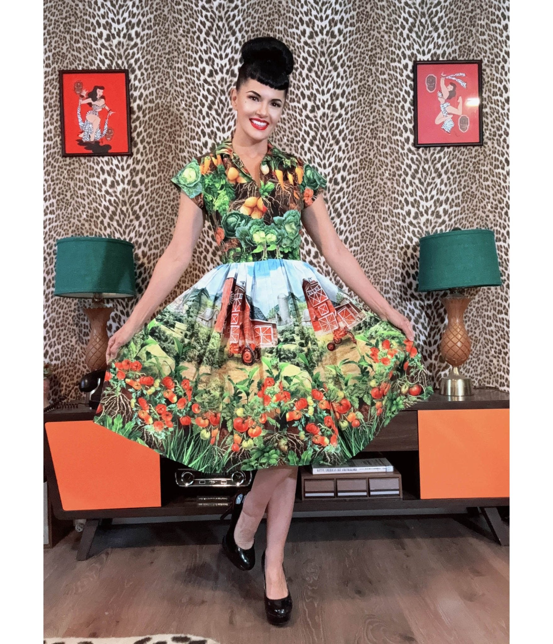 Bernie Dexter Multicolor Farm Harvest Print Swing Dress - Unique Vintage - Womens, DRESSES, FIT AND FLARE
