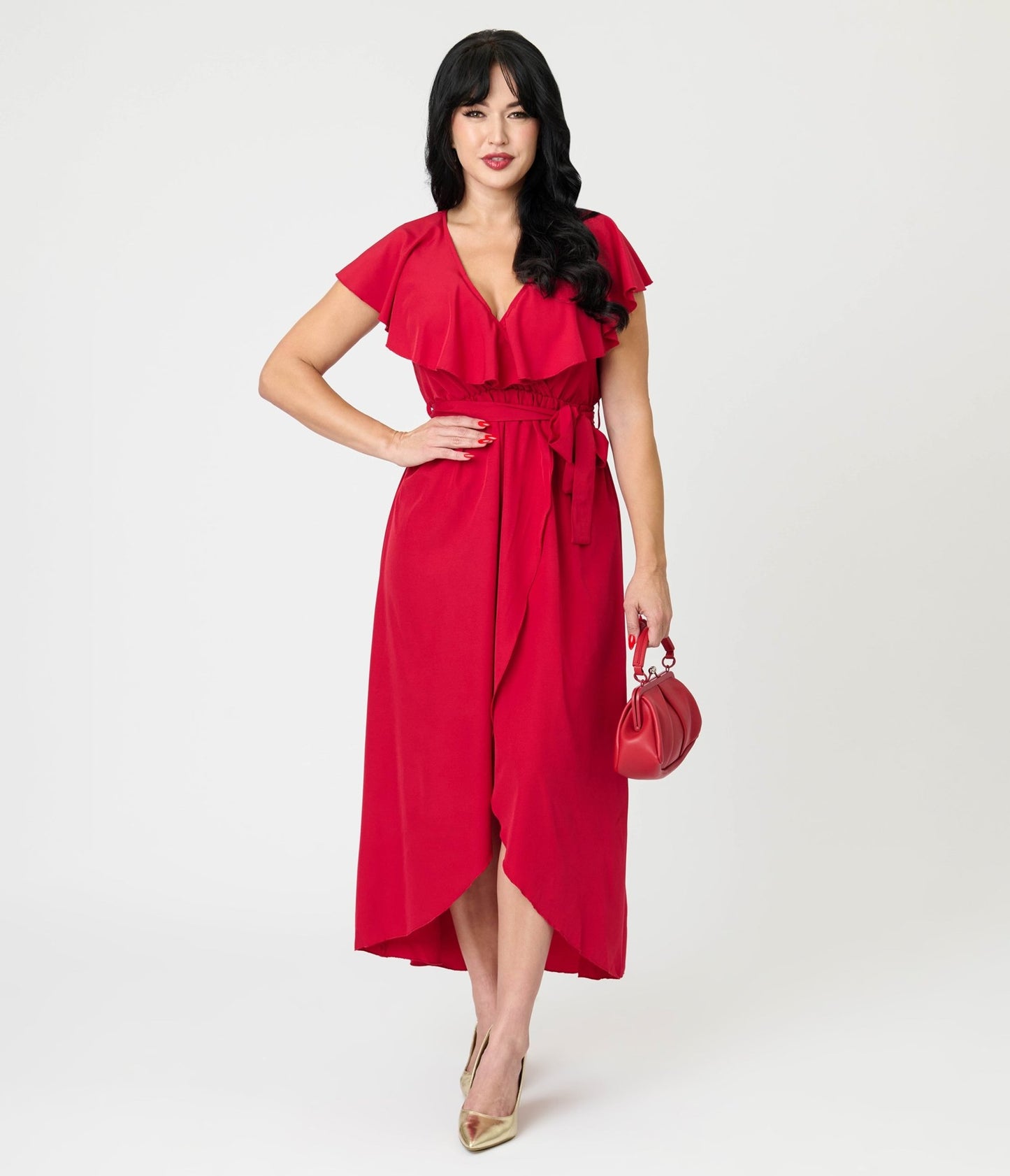 Berry Red Ruffle Midi Dress - Unique Vintage - Womens, DRESSES, MIDI