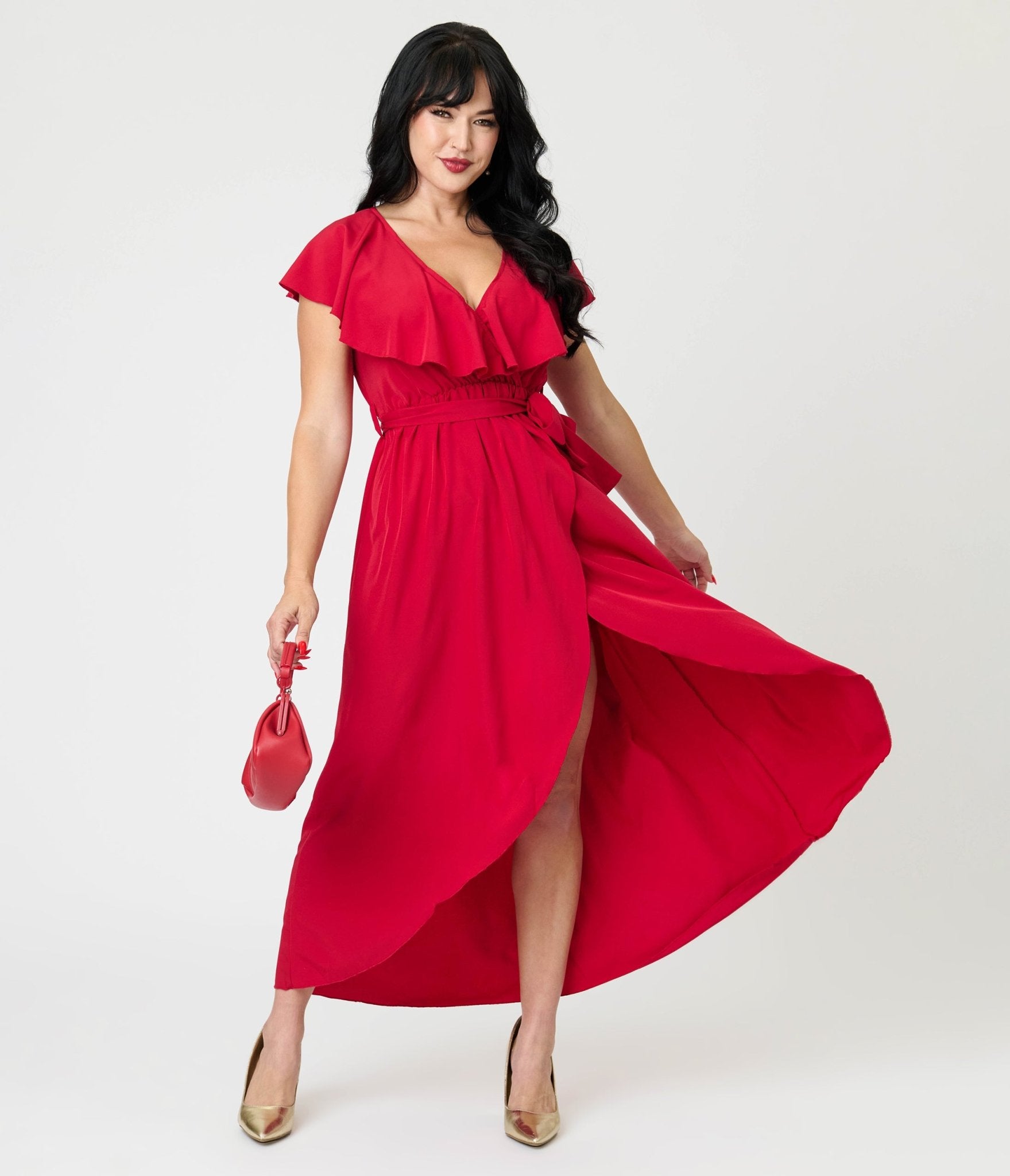 Berry Red Ruffle Midi Dress - Unique Vintage - Womens, DRESSES, MIDI