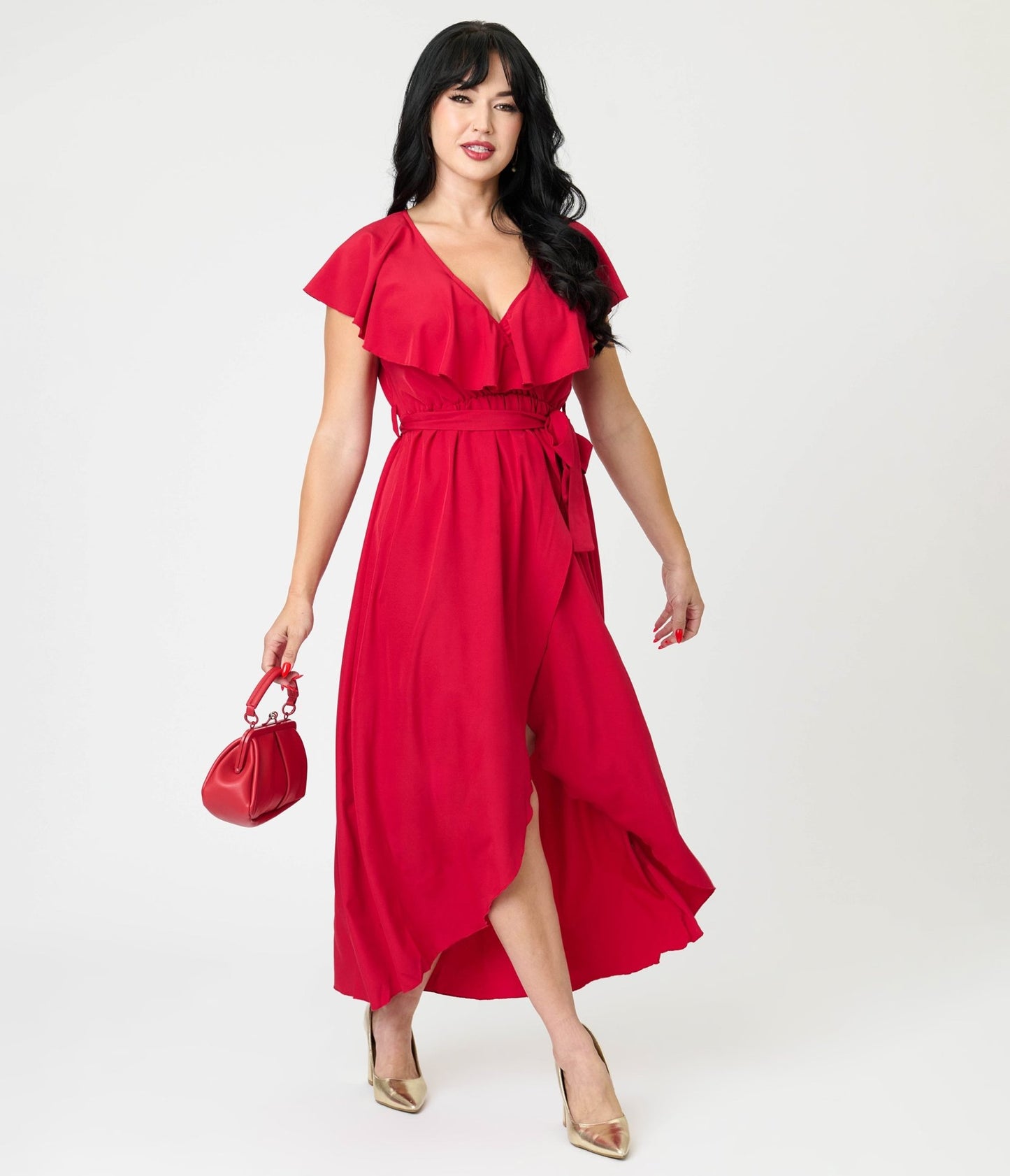 Berry Red Ruffle Midi Dress - Unique Vintage - Womens, DRESSES, MIDI