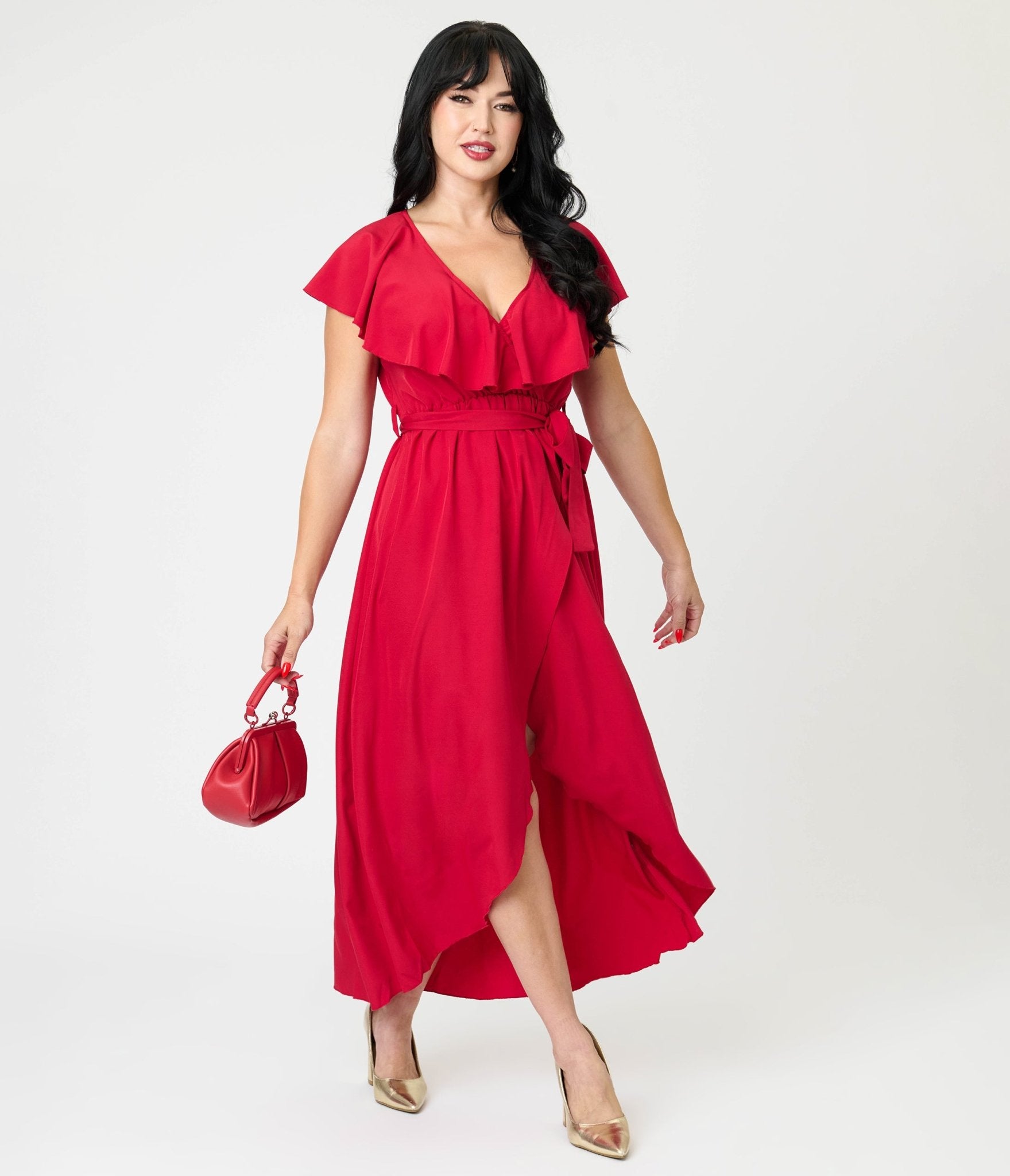 Berry Red Ruffle Midi Dress - Unique Vintage - Womens, DRESSES, MIDI