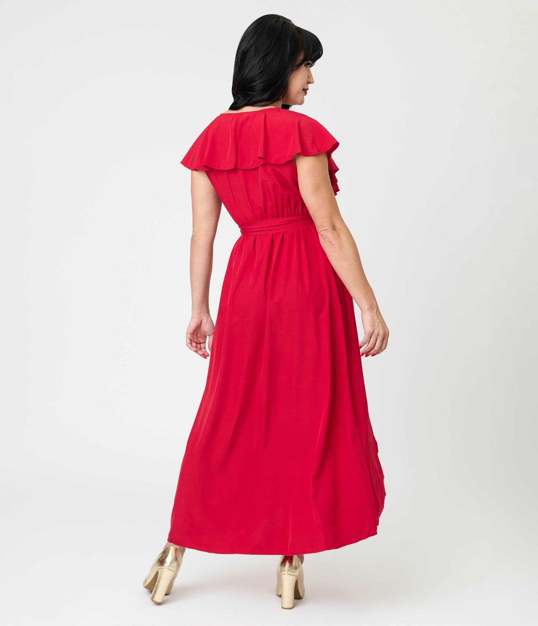 Berry Red Ruffle Midi Dress - Unique Vintage - Womens, DRESSES, MIDI