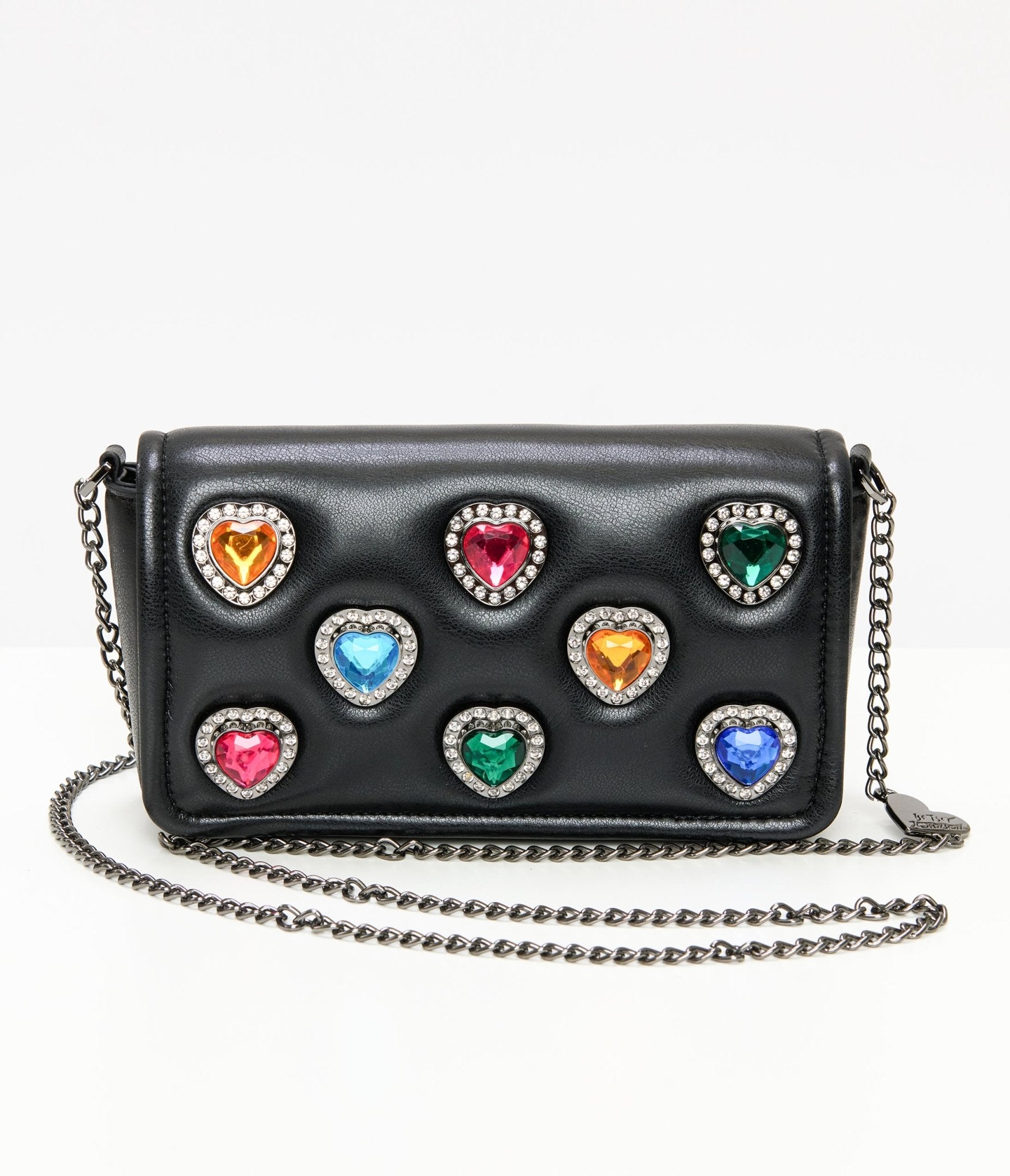 Betsey Johnson Black Leatherette Bejeweled Hearts Crossbody Bag Unique Vintage