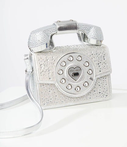 Betsey Johnson Silver Rhinestone Phone Handbag - Unique Vintage - Womens, ACCESSORIES, HANDBAGS