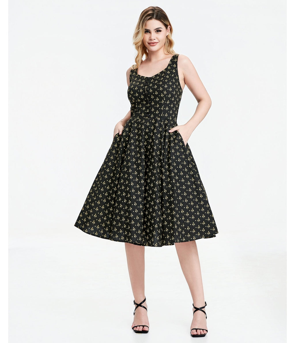 Black Atomic Bees Print Heidi Dress - Unique Vintage - Womens, DRESSES, SWING