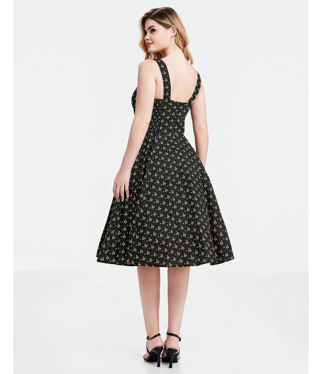 Black Atomic Bees Print Heidi Dress - Unique Vintage - Womens, DRESSES, SWING