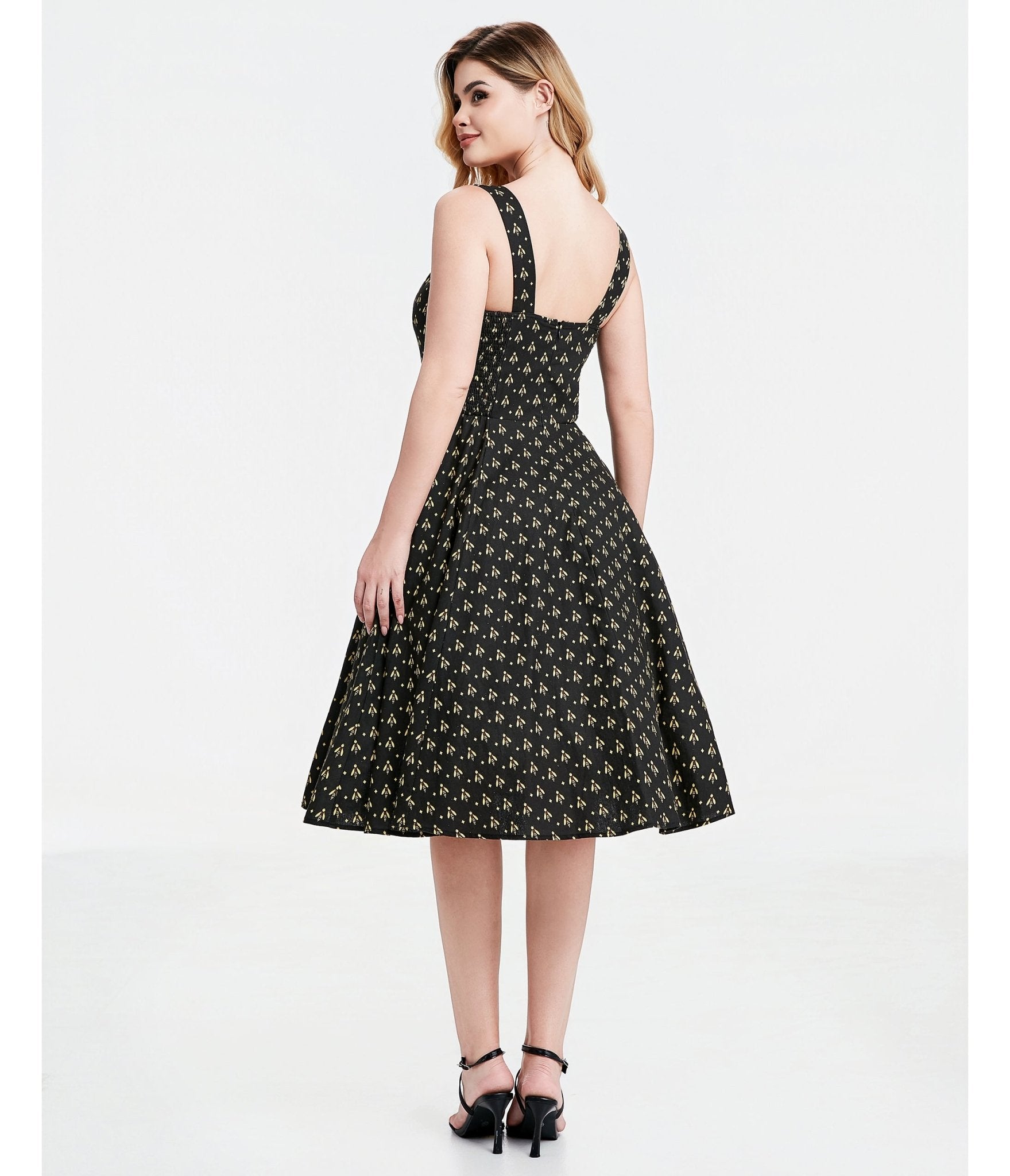 Black Atomic Bees Print Heidi Dress - Unique Vintage - Womens, DRESSES, SWING