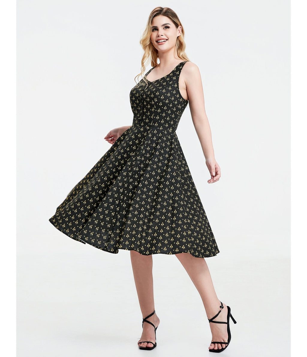 Black Atomic Bees Print Heidi Dress - Unique Vintage - Womens, DRESSES, SWING