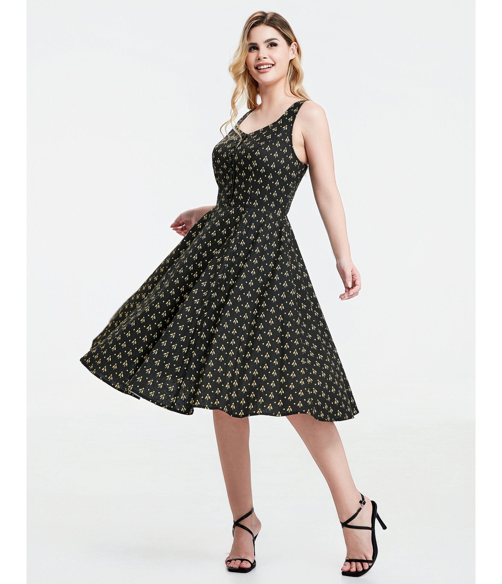Black Atomic Bees Print Heidi Dress - Unique Vintage - Womens, DRESSES, SWING