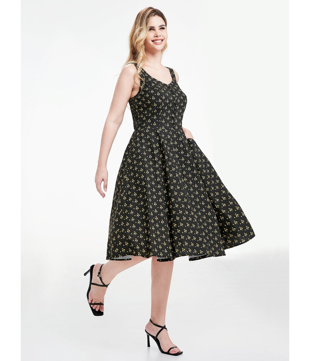 Black Atomic Bees Print Heidi Dress - Unique Vintage - Womens, DRESSES, SWING
