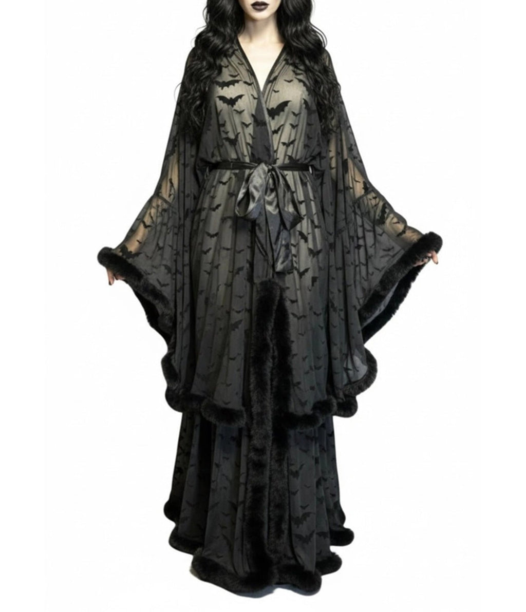 Black Bat Print Faux Fur Sheer Robe - Unique Vintage - Womens, ACCESSORIES, HOSIERY
