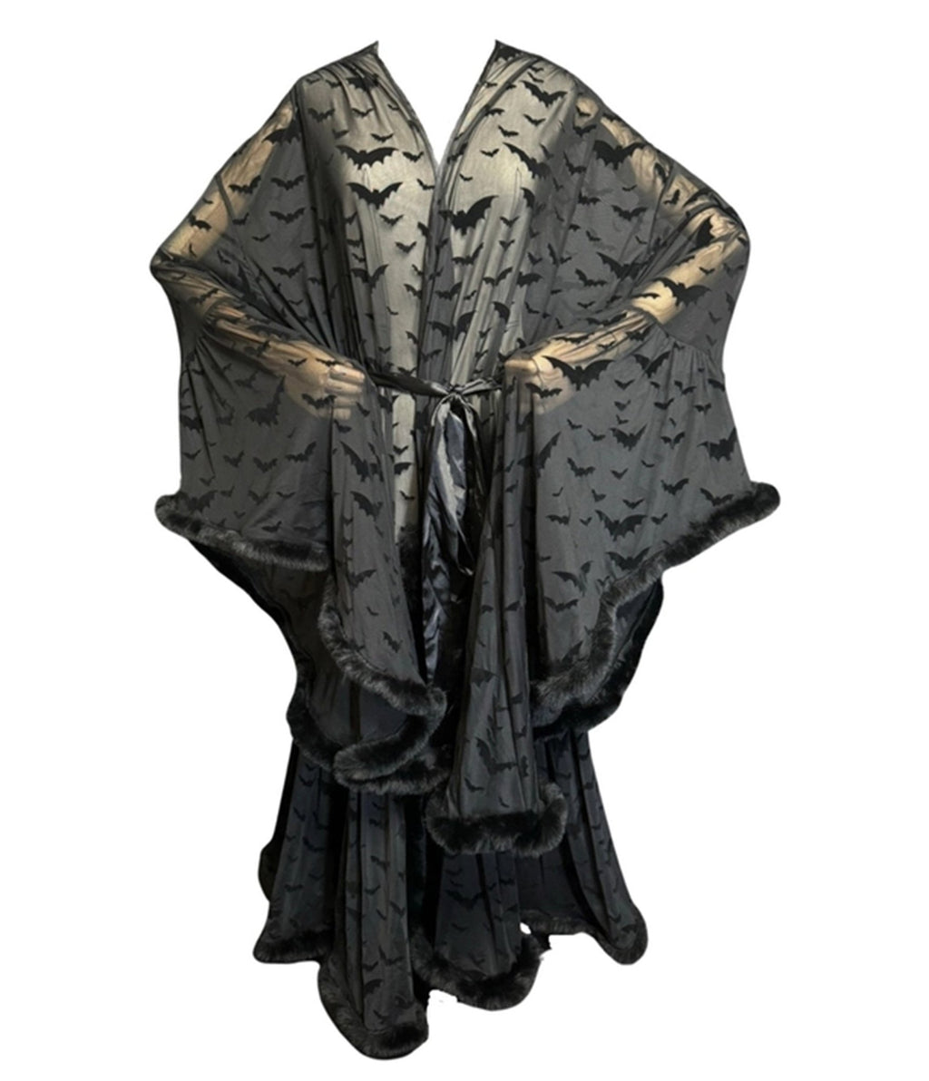 Black Bat Print Faux Fur Sheer Robe - Unique Vintage - Womens, ACCESSORIES, HOSIERY