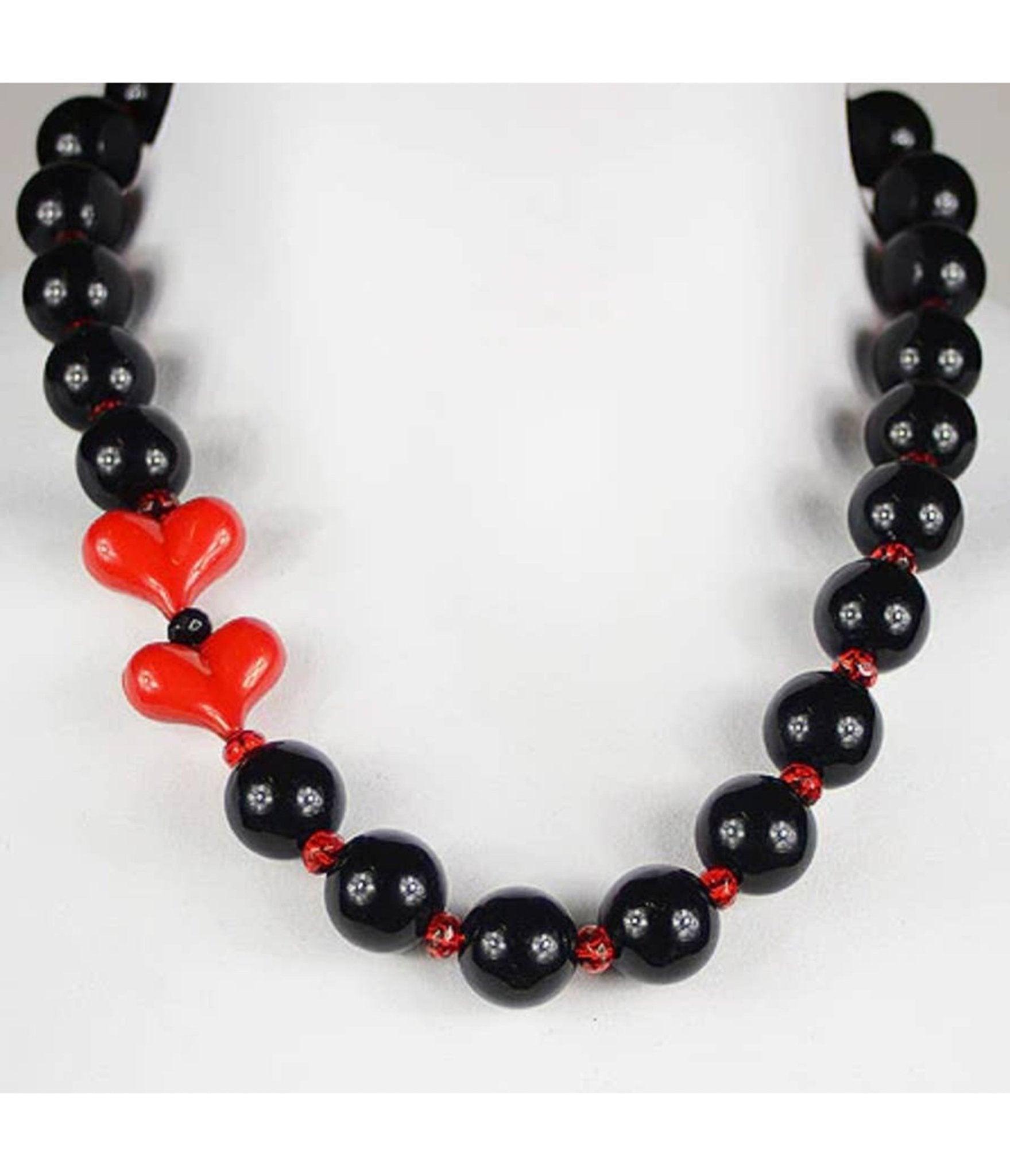Black Bead & Red Heart Necklace - Unique Vintage - Womens, ACCESSORIES, JEWELRY
