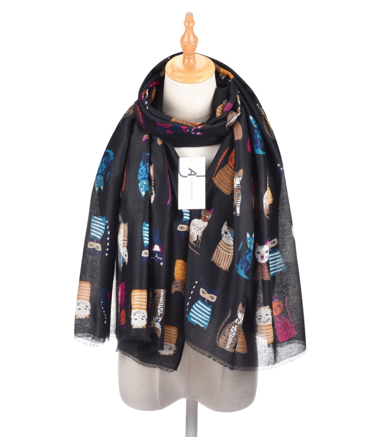 Black Cartoon Cat Pattern Scarf - Unique Vintage - Womens, ACCESSORIES, GLOVES/SCARVES