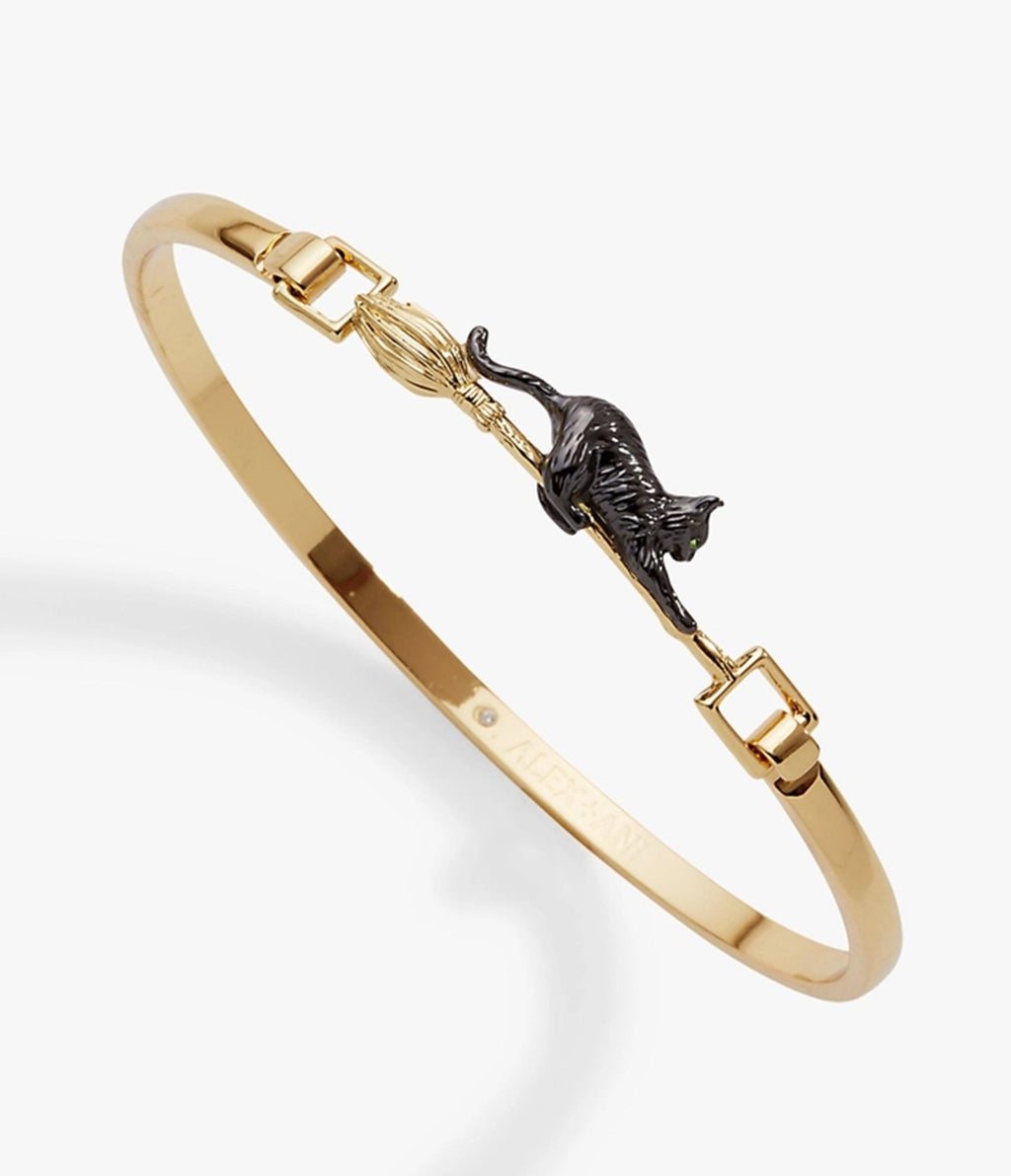 Black Cat & Broom Gold Tone Bangle Bracelet - Unique Vintage - Womens, ACCESSORIES, JEWELRY