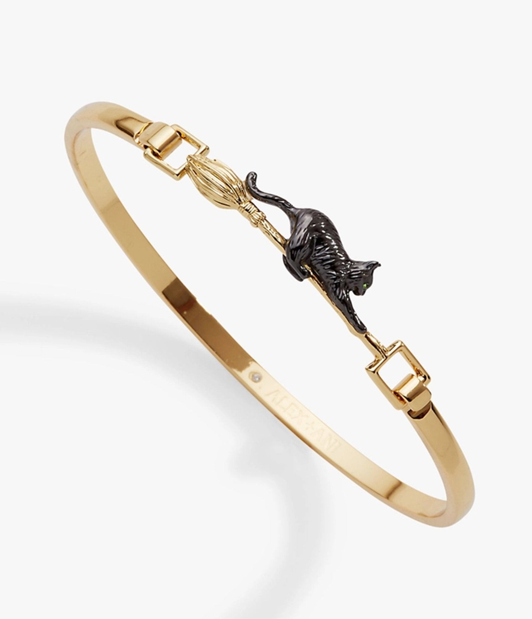 Black Cat & Broom Gold Tone Bangle Bracelet - Unique Vintage - Womens, ACCESSORIES, JEWELRY