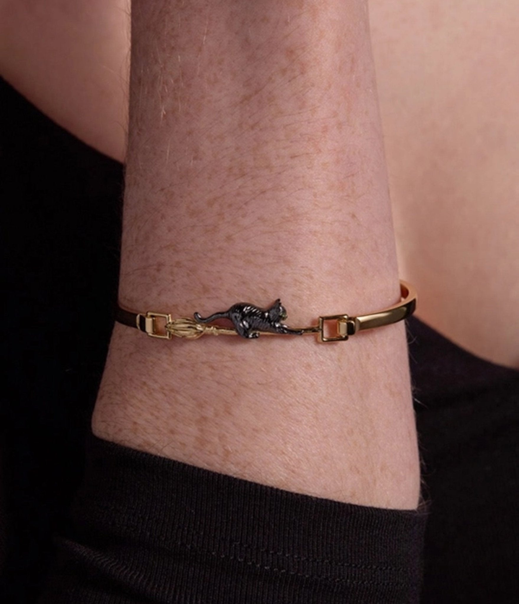 Black Cat & Broom Gold Tone Bangle Bracelet - Unique Vintage - Womens, ACCESSORIES, JEWELRY