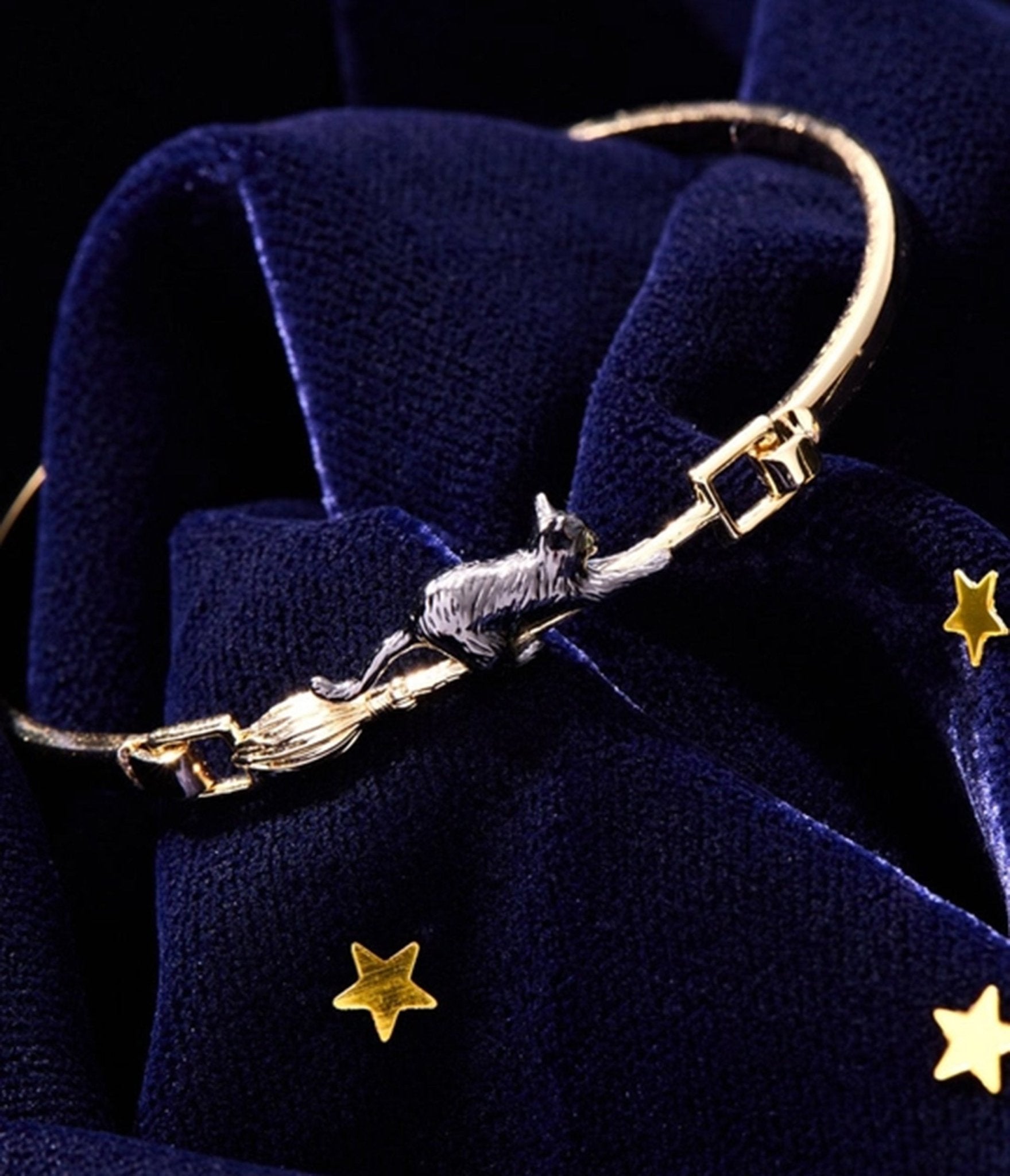 Black Cat & Broom Gold Tone Bangle Bracelet - Unique Vintage - Womens, ACCESSORIES, JEWELRY