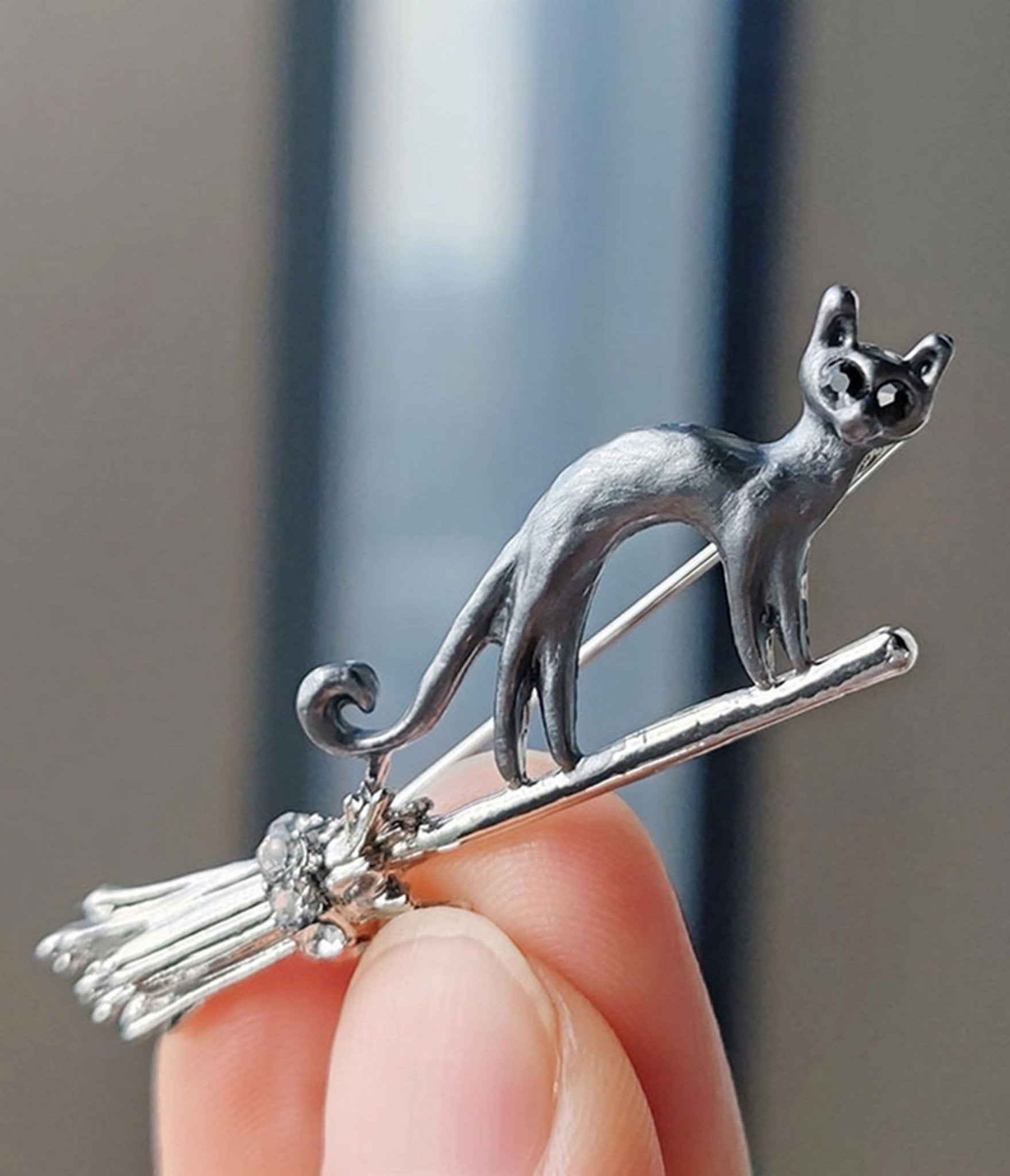 Black Cat On A Broom Brooch - Unique Vintage - Womens, ACCESSORIES, JEWELRY