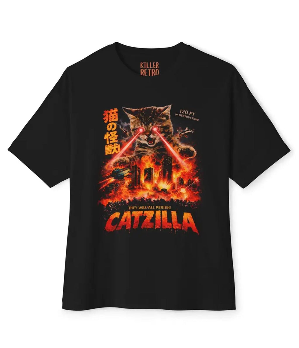 Black Catzilla Unisex Graphic Tee - Unique Vintage - Womens, GRAPHIC TEES, TEES