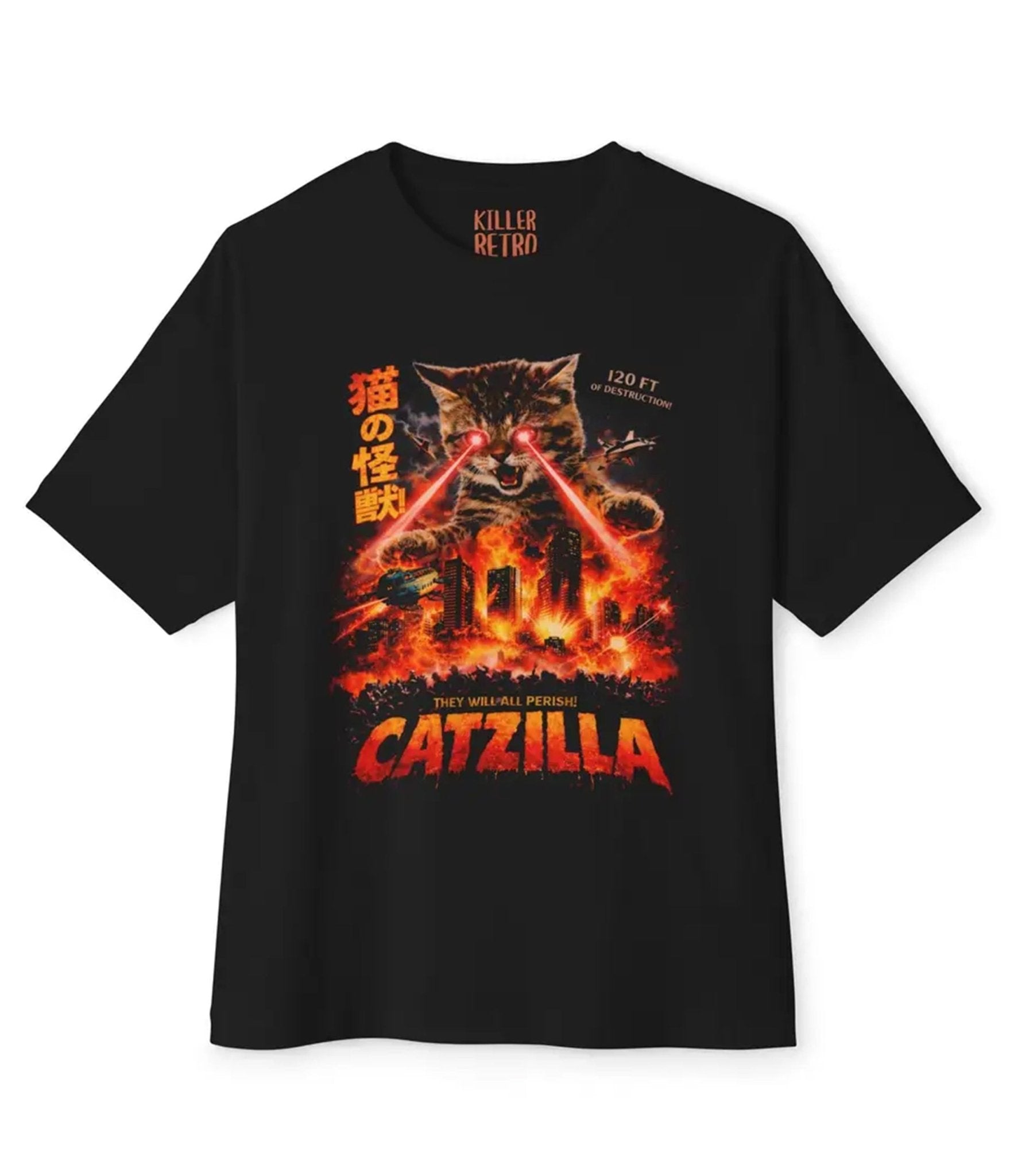 Black Catzilla Unisex Graphic Tee - Unique Vintage - Womens, GRAPHIC TEES, TEES