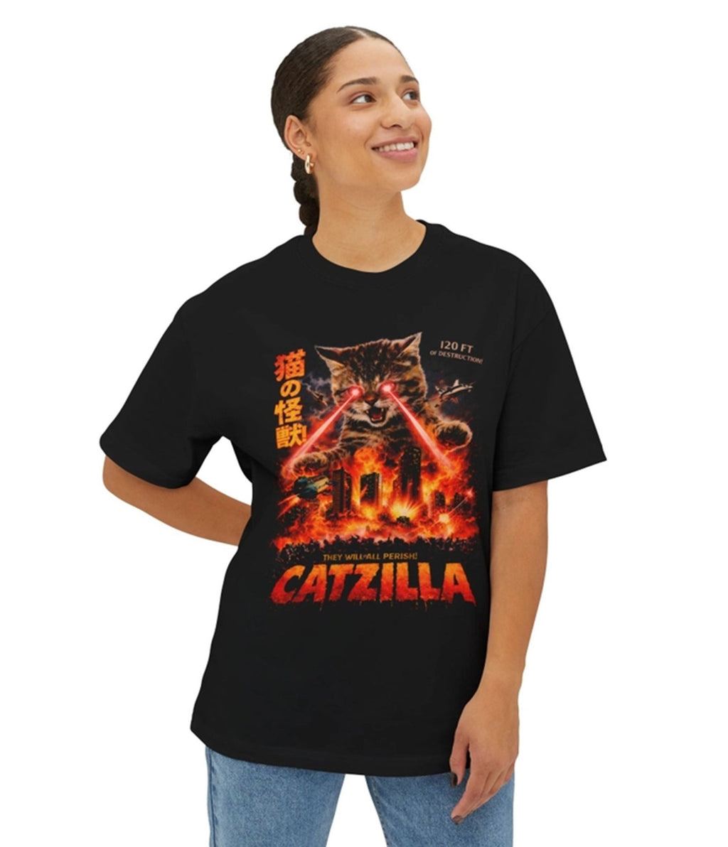 Black Catzilla Unisex Graphic Tee - Unique Vintage - Womens, GRAPHIC TEES, TEES