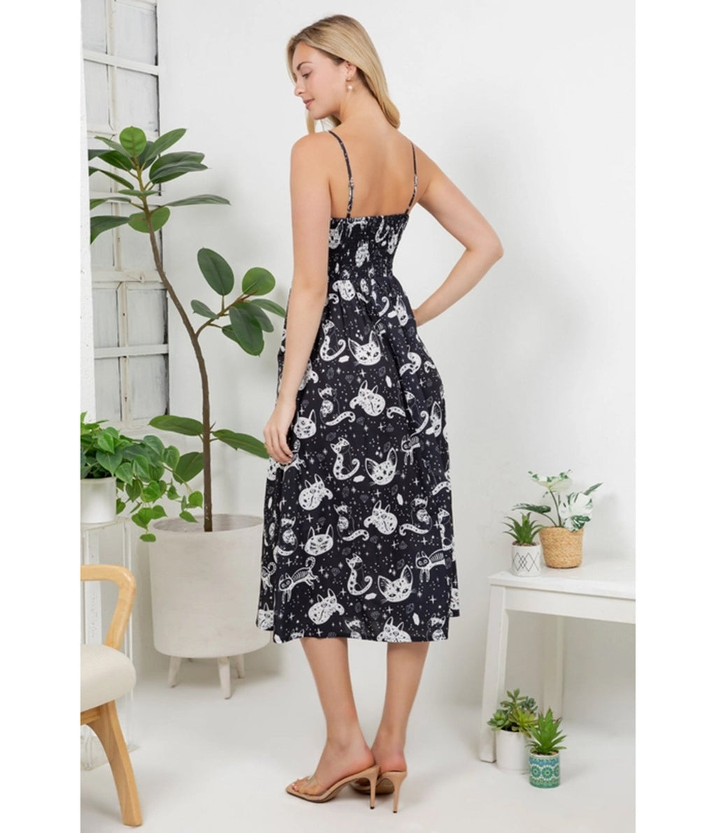 Black Celestial Cat Print Midi Dress - Unique Vintage - Womens, DRESSES, MIDI