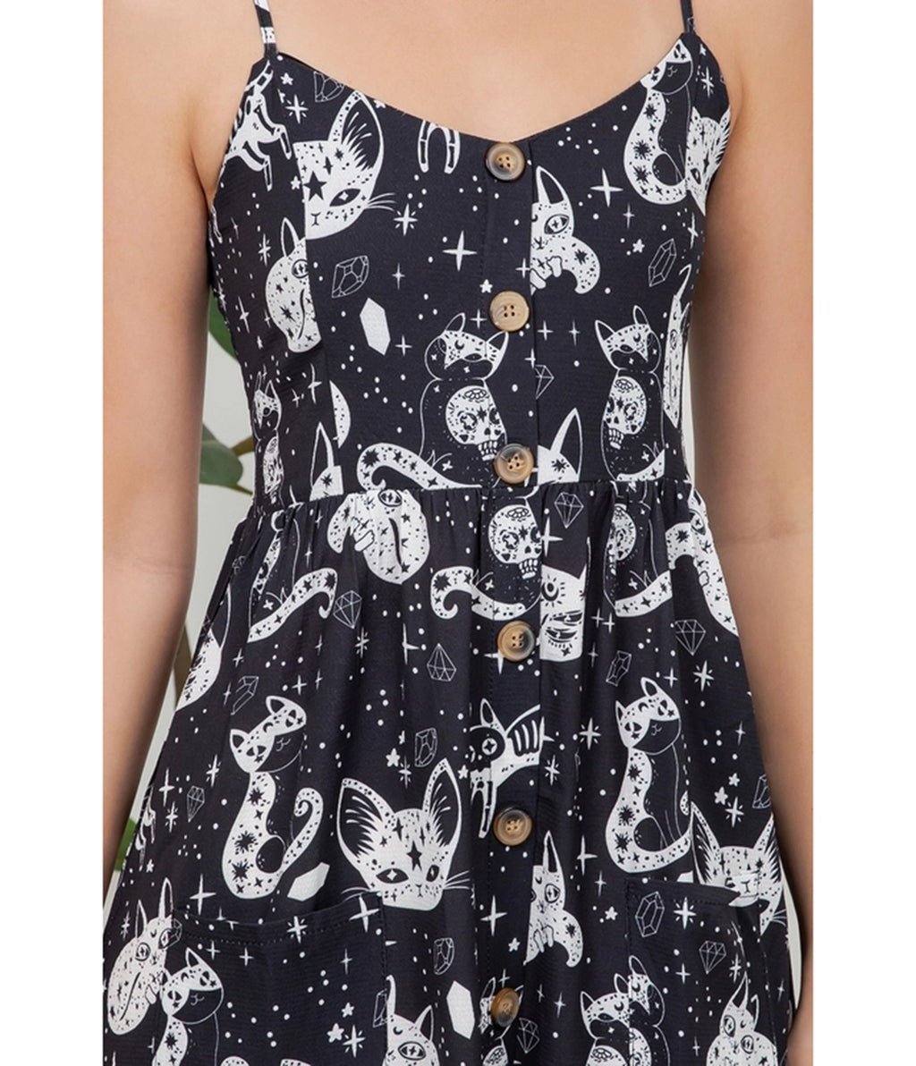 Black Celestial Cat Print Midi Dress - Unique Vintage - Womens, DRESSES, MIDI