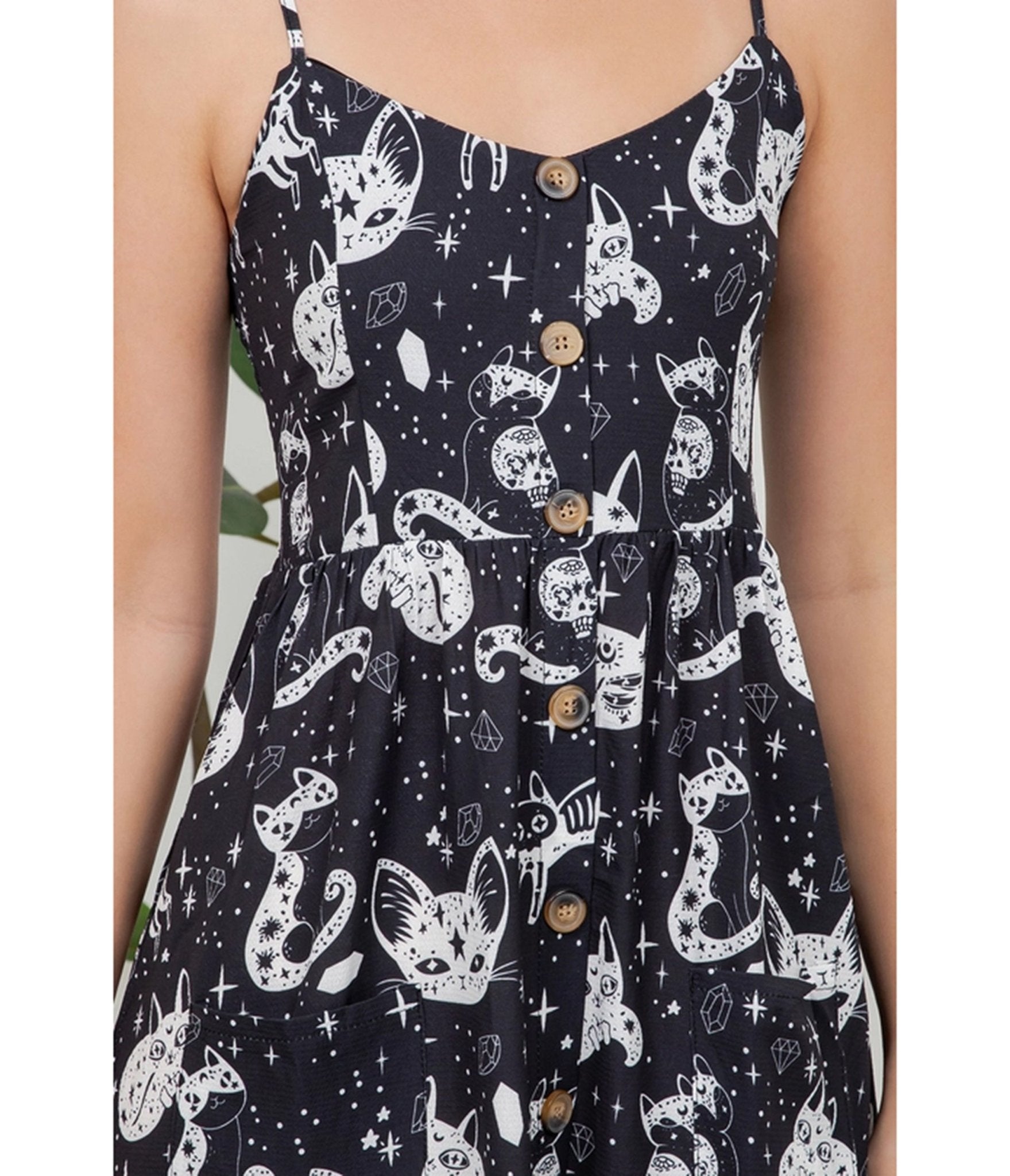 Black Celestial Cat Print Midi Dress - Unique Vintage - Womens, DRESSES, MIDI